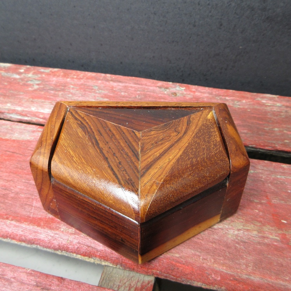 Vintage Geometric Wood Trinket Box Dark Light Brown Octagon Shape Felt Lined